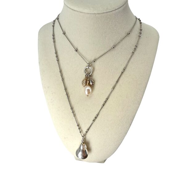 J. Jill Layered Necklace Silver Gold Pear Charm Beaded Rhinestone Adjustable NWT - Picture 3 of 13